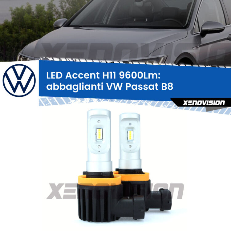 <strong>Kit LED Abbaglianti per VW Passat</strong> B8 2014-2017.</strong> Coppia lampade <strong>H11</strong> senza ventola e ultracompatte per installazioni in fari senza spazi.