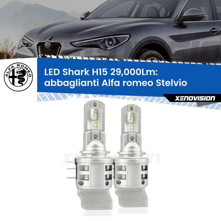 0 Abbaglianti LED H15 24,000Lm per Alfa romeo Stelvio  2016 in poi <strong>Kit abbaglianti LED per Alfa romeo Stelvio</strong>  2016 in poi. Lampade <strong>H15</strong> doppia funzione (diurne + abbaglianti) Canbus modello Shark Xenovision.
