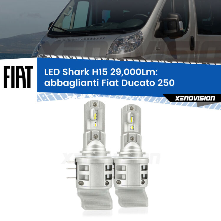 0 Abbaglianti LED H15 24,000Lm per Fiat Ducato 250 con luci diurne <strong>Kit abbaglianti LED per Fiat Ducato</strong> 250 con luci diurne. Lampade <strong>H15</strong> doppia funzione (diurne + abbaglianti) Canbus modello Shark Xenovision.
