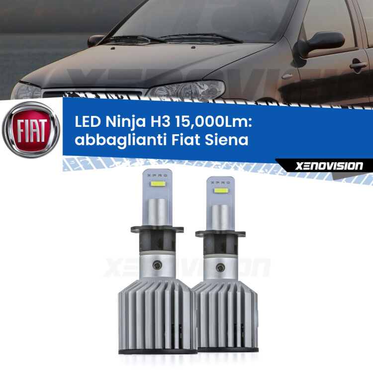 <strong>Kit abbaglianti LED specifico per Fiat Siena</strong>  a parabola doppia. Lampade <strong>H3</strong> Canbus da 15.000Lumen di luminosità modello Ninja Xenovision.