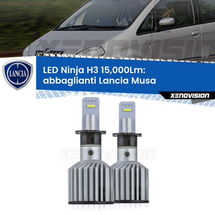 <strong>Kit abbaglianti LED specifico per Lancia Musa</strong>  2008-2012. Lampade <strong>H3</strong> Canbus da 15.000Lumen di luminosità modello Ninja Xenovision.