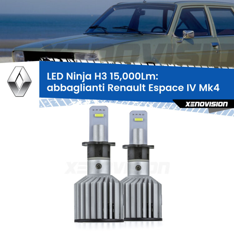 <strong>Kit abbaglianti LED specifico per Renault Espace IV</strong> Mk4 2002-2006. Lampade <strong>H3</strong> Canbus da 15.000Lumen di luminosità modello Ninja Xenovision.