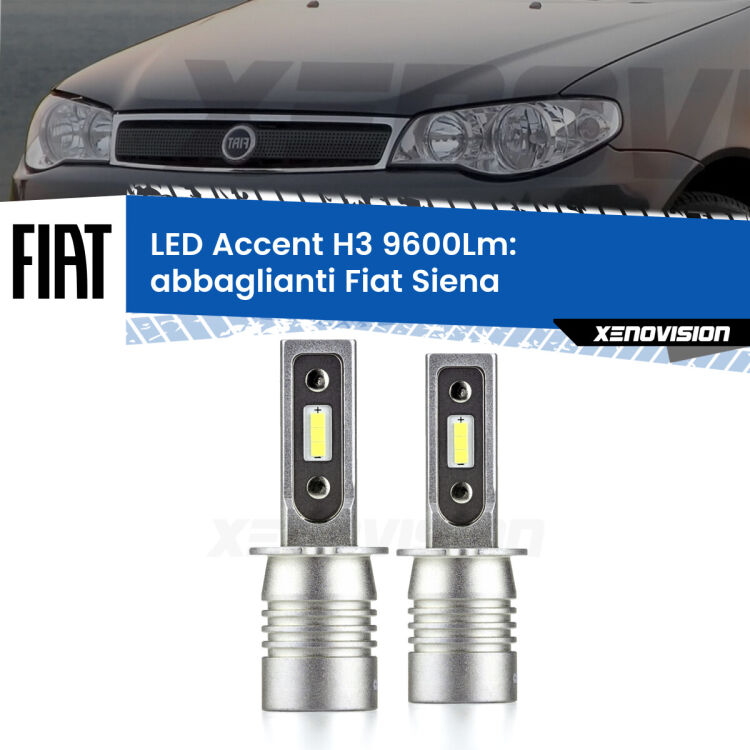 0 Abbaglianti LED H3 9600Lm per Fiat Siena a parabola doppia <strong>Kit LED Abbaglianti per Fiat Siena</strong> a parabola doppia.</strong> Coppia lampade <strong>H3</strong> senza ventola e ultracompatte per installazioni in fari senza spazi.