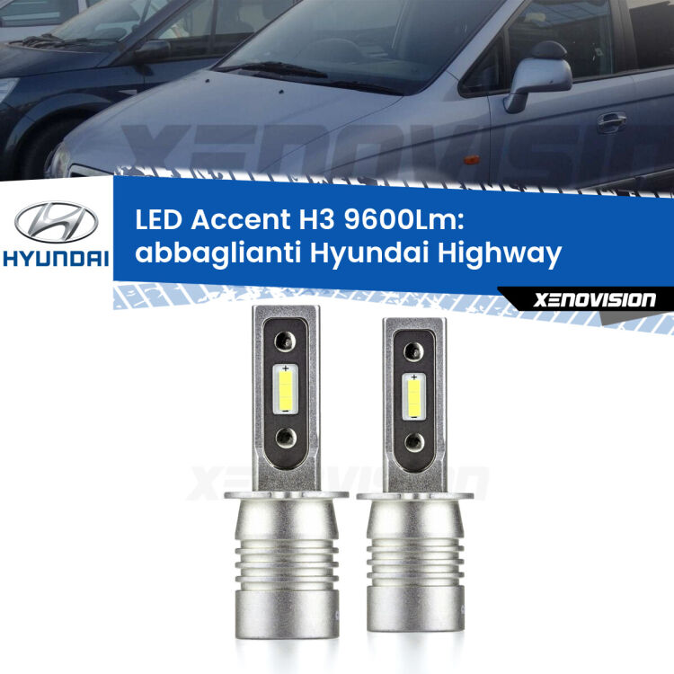 Abbaglianti LED H3 9600Lm per Hyundai Highway 2000 -2004 <strong>Kit LED Abbaglianti per Hyundai Highway</strong> 2000 -2004.</strong> Coppia lampade <strong>H3</strong> senza ventola e ultracompatte per installazioni in fari senza spazi.