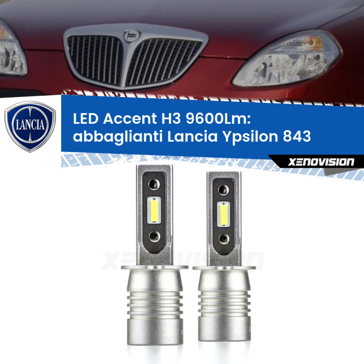 Abbaglianti LED H3 9600Lm per Lancia Ypsilon 843 2003 -2011 <strong>Kit LED Abbaglianti per Lancia Ypsilon</strong> 843 2003 -2011.</strong> Coppia lampade <strong>H3</strong> senza ventola e ultracompatte per installazioni in fari senza spazi.
