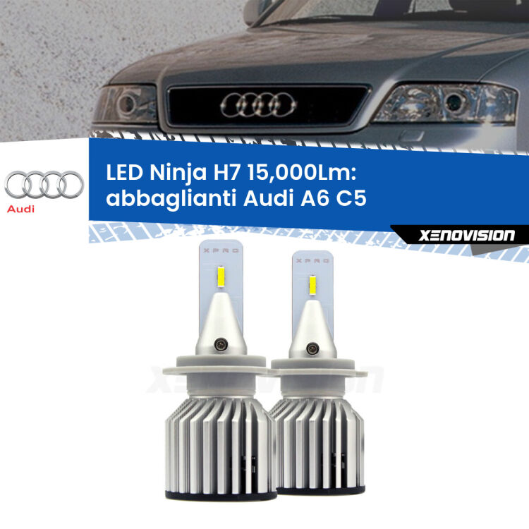 <strong>Kit abbaglianti LED specifico per Audi A6</strong> C5 1997-2004. Lampade <strong>H7</strong> Canbus da 15.000Lumen di luminosità modello Ninja Xenovision.