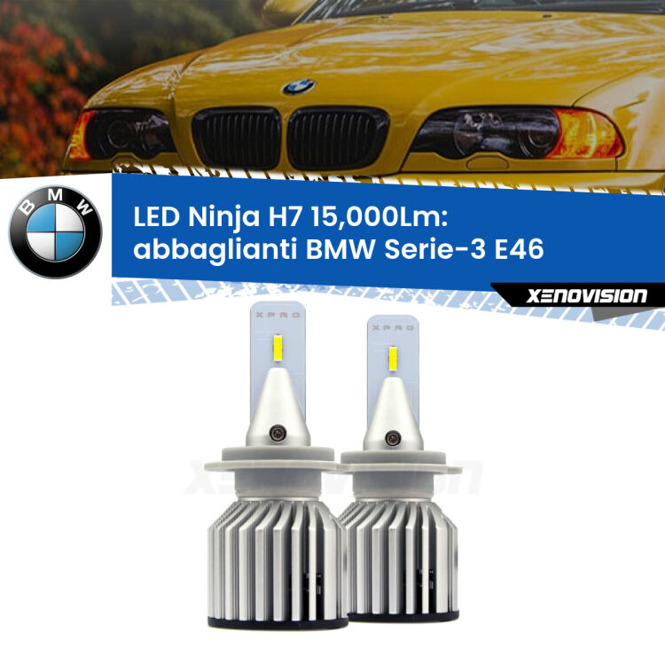 <strong>Kit abbaglianti LED specifico per BMW Serie-3</strong> E46 1998-2005. Lampade <strong>H7</strong> Canbus da 15.000Lumen di luminosità modello Ninja Xenovision.