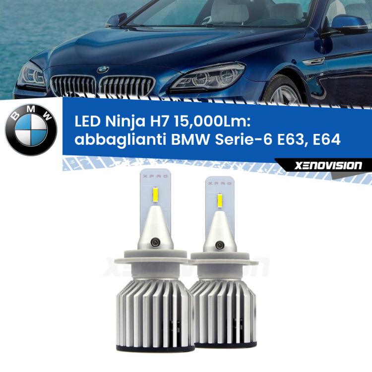 <strong>Kit abbaglianti LED specifico per BMW Serie-6</strong> E63, E64 2004-2010. Lampade <strong>H7</strong> Canbus da 15.000Lumen di luminosità modello Ninja Xenovision.