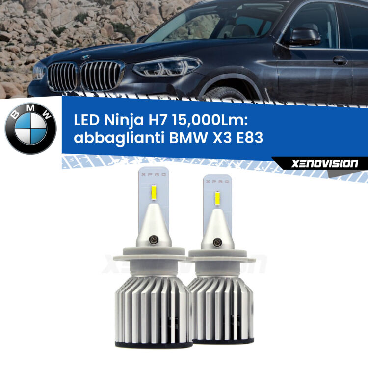<strong>Kit abbaglianti LED specifico per BMW X3</strong> E83 2003-2010. Lampade <strong>H7</strong> Canbus da 15.000Lumen di luminosità modello Ninja Xenovision.