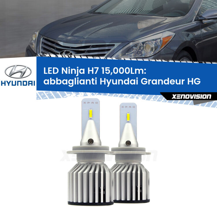 <strong>Kit abbaglianti LED specifico per Hyundai Grandeur</strong> HG 2011-2016. Lampade <strong>H7</strong> Canbus da 15.000Lumen di luminosità modello Ninja Xenovision.