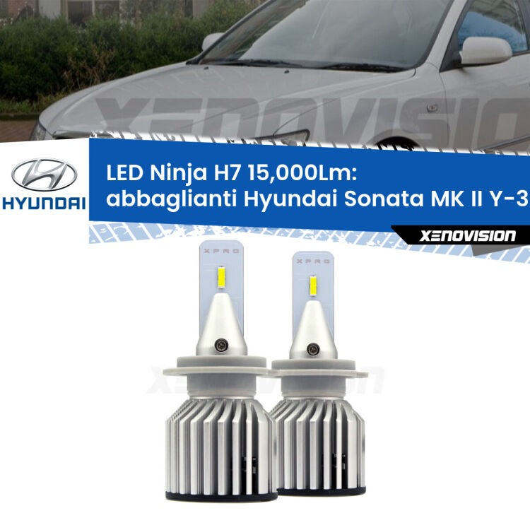<strong>Kit abbaglianti LED specifico per Hyundai Sonata MK II</strong> Y-3 1993-1998. Lampade <strong>H7</strong> Canbus da 15.000Lumen di luminosità modello Ninja Xenovision.