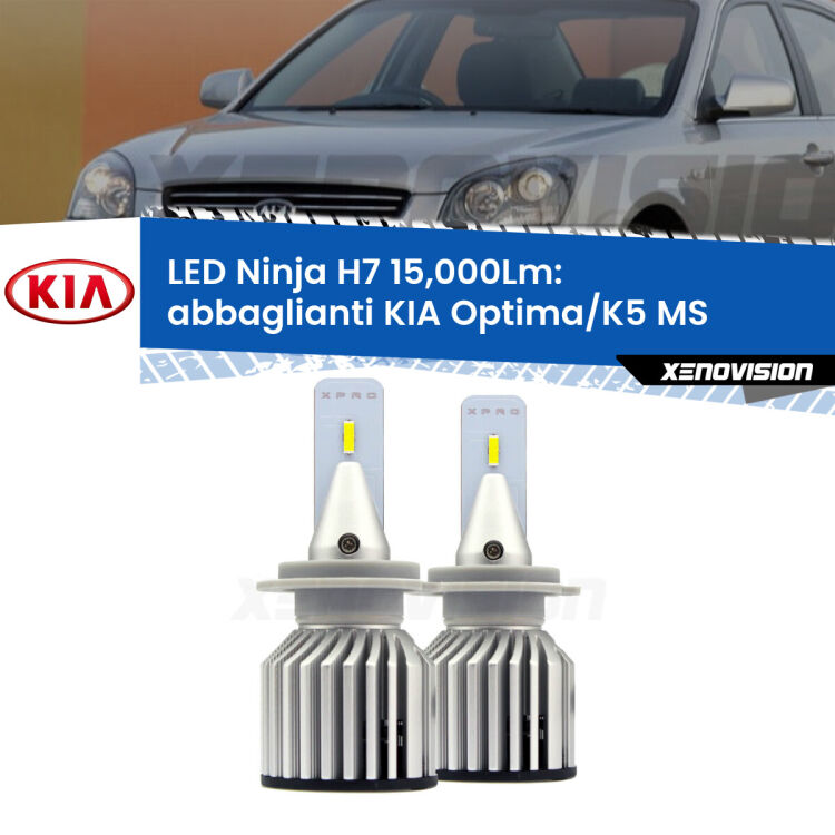 <strong>Kit abbaglianti LED specifico per KIA Optima/K5</strong> MS 2000-2004. Lampade <strong>H7</strong> Canbus da 15.000Lumen di luminosità modello Ninja Xenovision.