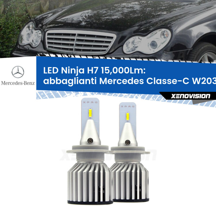 <strong>Kit abbaglianti LED specifico per Mercedes Classe-C</strong> W203 con fari Xenon. Lampade <strong>H7</strong> Canbus da 15.000Lumen di luminosità modello Ninja Xenovision.