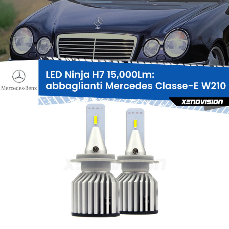 <strong>Kit abbaglianti LED specifico per Mercedes Classe-E</strong> W210 1995-2002. Lampade <strong>H7</strong> Canbus da 15.000Lumen di luminosità modello Ninja Xenovision.