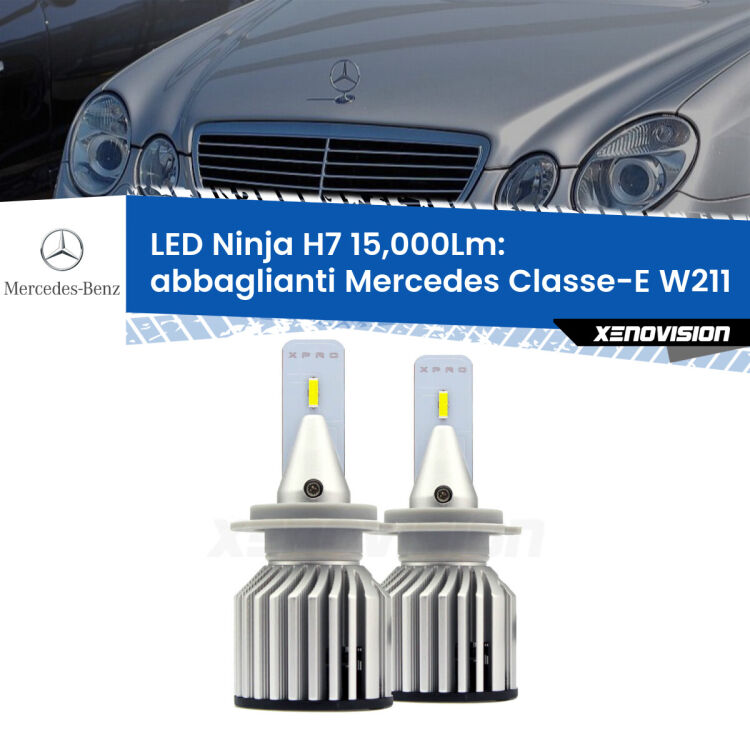 <strong>Kit abbaglianti LED specifico per Mercedes Classe-E</strong> W211 2002-2009. Lampade <strong>H7</strong> Canbus da 15.000Lumen di luminosità modello Ninja Xenovision.