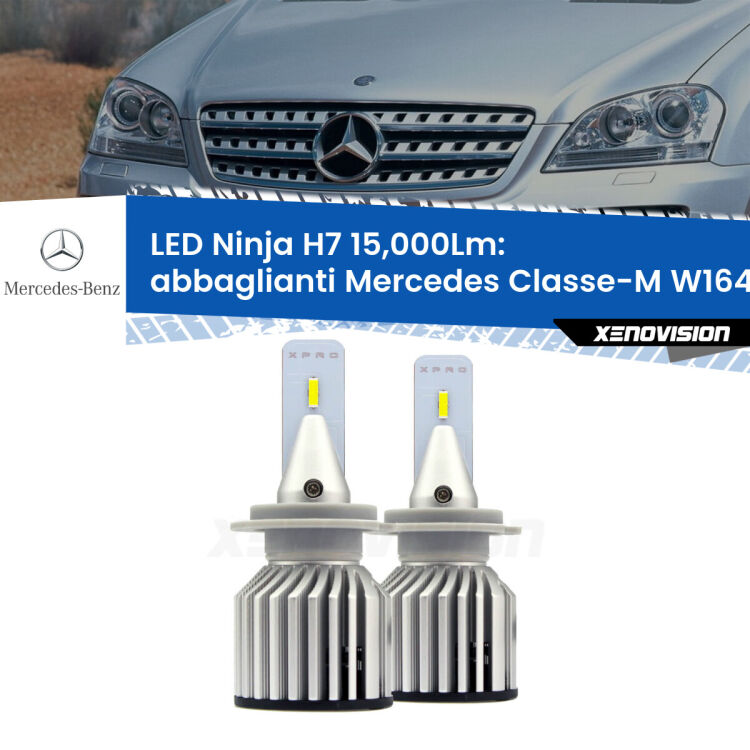 <strong>Kit abbaglianti LED specifico per Mercedes Classe-M</strong> W164 2005-2011. Lampade <strong>H7</strong> Canbus da 15.000Lumen di luminosità modello Ninja Xenovision.