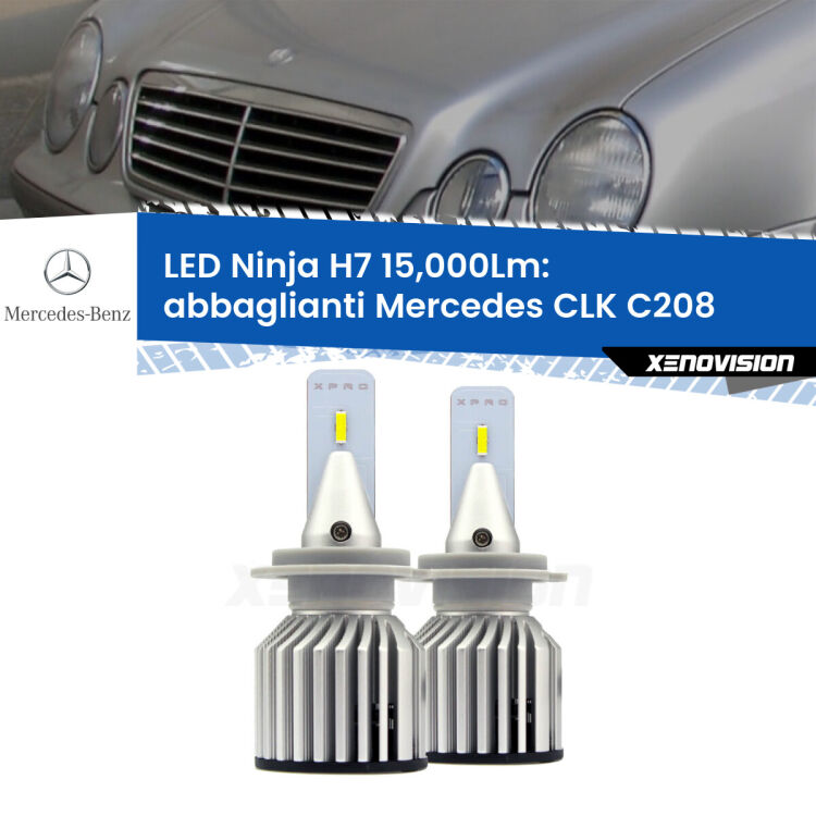 <strong>Kit abbaglianti LED specifico per Mercedes CLK</strong> C208 1997-2002. Lampade <strong>H7</strong> Canbus da 15.000Lumen di luminosità modello Ninja Xenovision.