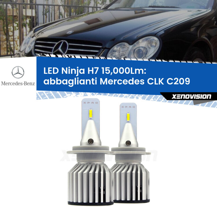 <strong>Kit abbaglianti LED specifico per Mercedes CLK</strong> C209 2002-2009. Lampade <strong>H7</strong> Canbus da 15.000Lumen di luminosità modello Ninja Xenovision.