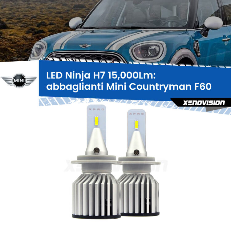 <strong>Kit abbaglianti LED specifico per Mini Countryman</strong> F60 2016-2019. Lampade <strong>H7</strong> Canbus da 15.000Lumen di luminosità modello Ninja Xenovision.
