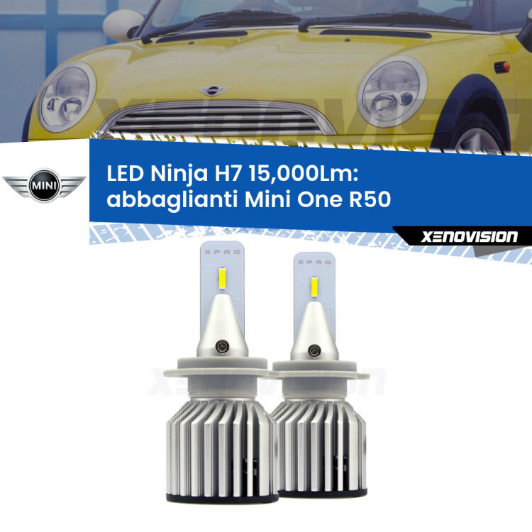 <strong>Kit abbaglianti LED specifico per Mini One</strong> R50 2001-2006. Lampade <strong>H7</strong> Canbus da 15.000Lumen di luminosità modello Ninja Xenovision.