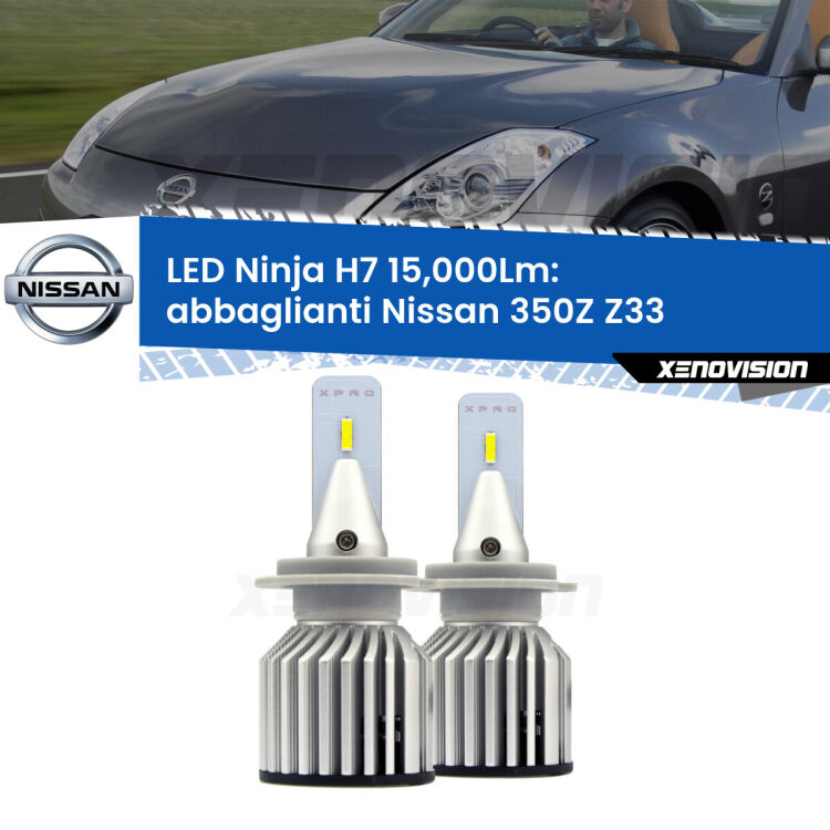<strong>Kit abbaglianti LED specifico per Nissan 350Z</strong> Z33 con fari Xenon. Lampade <strong>H7</strong> Canbus da 15.000Lumen di luminosità modello Ninja Xenovision.