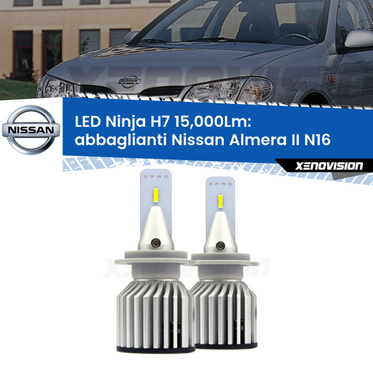 <strong>Kit abbaglianti LED specifico per Nissan Almera II</strong> N16 2002-2006. Lampade <strong>H7</strong> Canbus da 15.000Lumen di luminosità modello Ninja Xenovision.