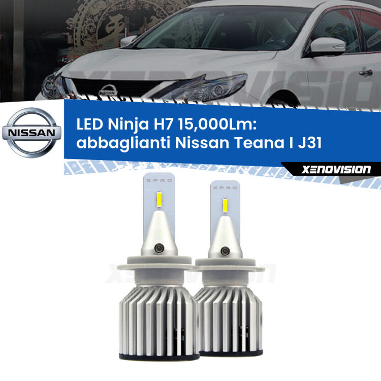 <strong>Kit abbaglianti LED specifico per Nissan Teana I</strong> J31 2003-2008. Lampade <strong>H7</strong> Canbus da 15.000Lumen di luminosità modello Ninja Xenovision.