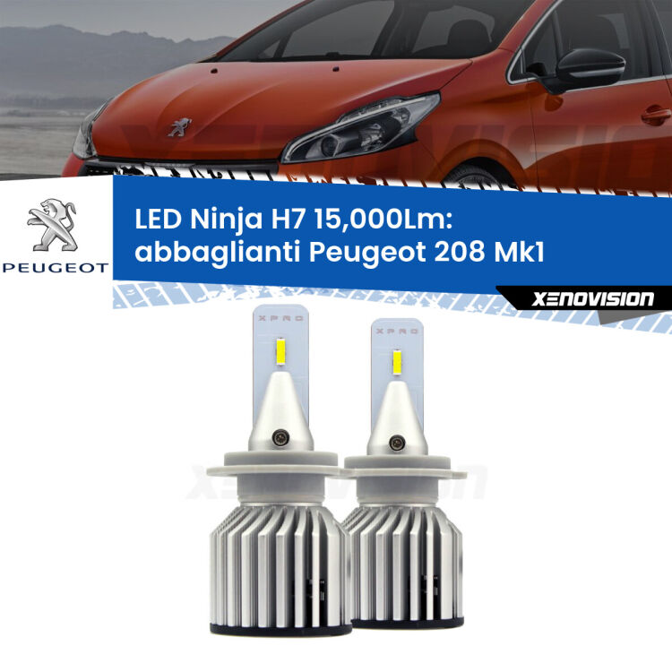 <strong>Kit abbaglianti LED specifico per Peugeot 208</strong> Mk1 2012-2018. Lampade <strong>H7</strong> Canbus da 15.000Lumen di luminosità modello Ninja Xenovision.