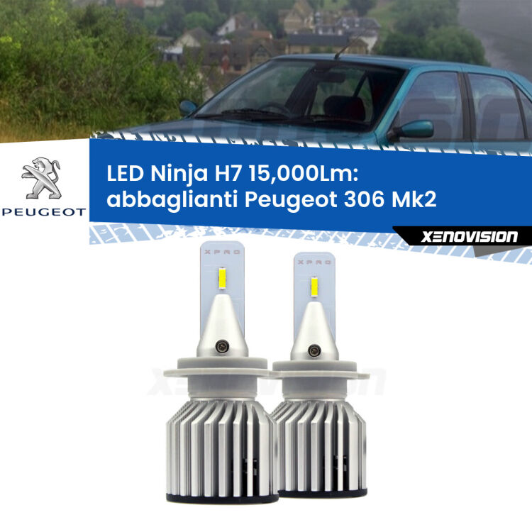 <strong>Kit abbaglianti LED specifico per Peugeot 306</strong> Mk2 1997-1999. Lampade <strong>H7</strong> Canbus da 15.000Lumen di luminosità modello Ninja Xenovision.