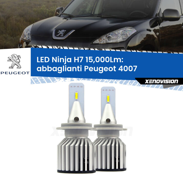 <strong>Kit abbaglianti LED specifico per Peugeot 4007</strong>  2007-2012. Lampade <strong>H7</strong> Canbus da 15.000Lumen di luminosità modello Ninja Xenovision.
