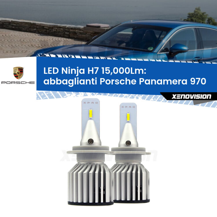 <strong>Kit abbaglianti LED specifico per Porsche Panamera</strong> 970 Full-beam spotlight con fari Bi-Xenon. Lampade <strong>H7</strong> Canbus da 15.000Lumen di luminosità modello Ninja Xenovision.