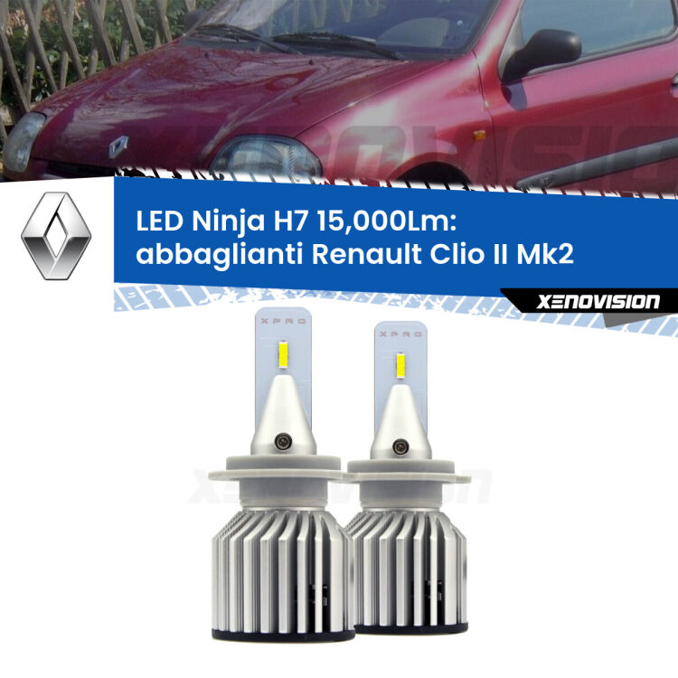 <strong>Kit abbaglianti LED specifico per Renault Clio II</strong> Mk2 con fari Xenon. Lampade <strong>H7</strong> Canbus da 15.000Lumen di luminosità modello Ninja Xenovision.