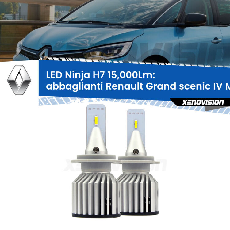 <strong>Kit abbaglianti LED specifico per Renault Grand scenic IV</strong> Mk4 2016-2022. Lampade <strong>H7</strong> Canbus da 15.000Lumen di luminosità modello Ninja Xenovision.