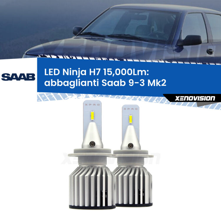 <strong>Kit abbaglianti LED specifico per Saab 9-3</strong> Mk2 Full-beam spotlight con fari Bi-Xenon. Lampade <strong>H7</strong> Canbus da 15.000Lumen di luminosità modello Ninja Xenovision.