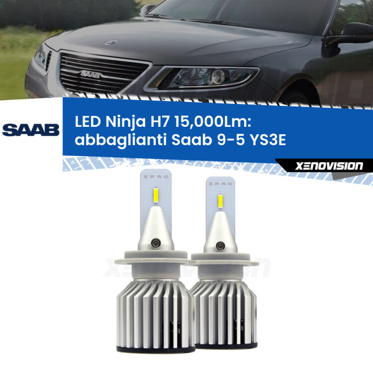 <strong>Kit abbaglianti LED specifico per Saab 9-5</strong> YS3E 1997-2010. Lampade <strong>H7</strong> Canbus da 15.000Lumen di luminosità modello Ninja Xenovision.
