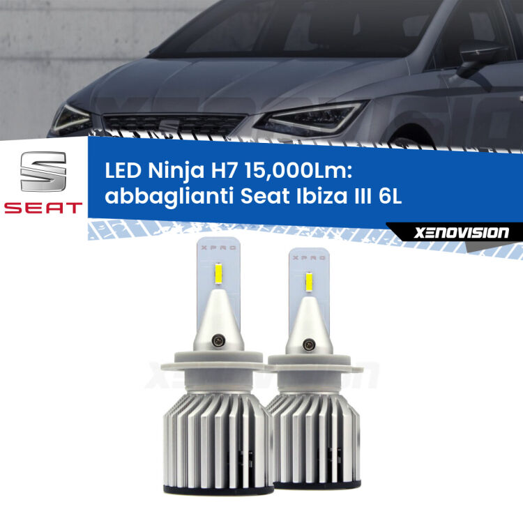 <strong>Kit abbaglianti LED specifico per Seat Ibiza III</strong> 6L con doppia lampada con fari Xenon. Lampade <strong>H7</strong> Canbus da 15.000Lumen di luminosità modello Ninja Xenovision.