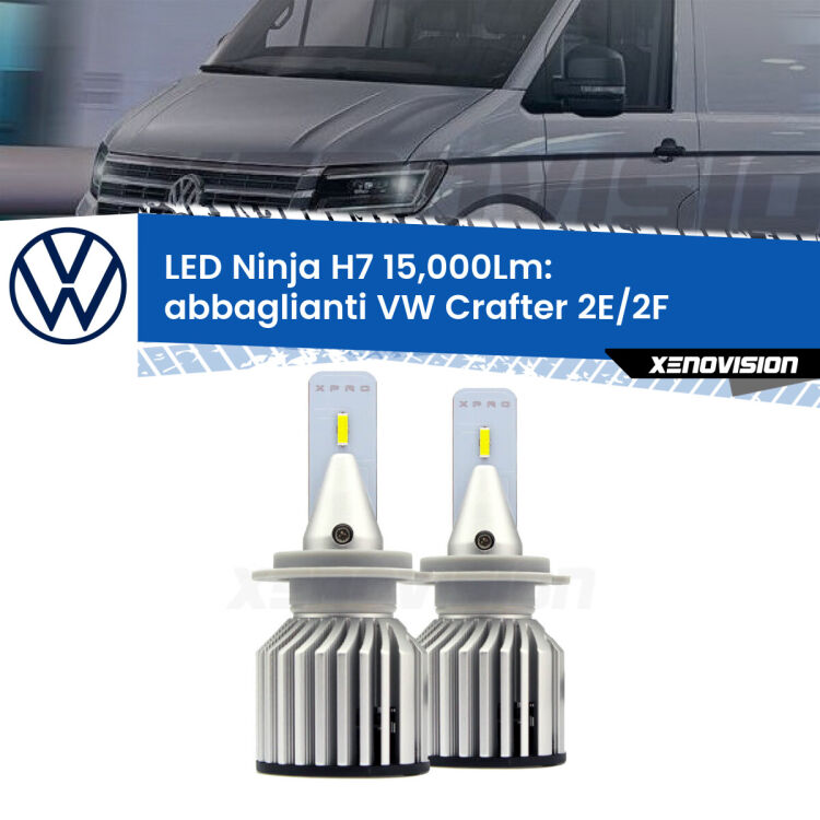 <strong>Kit abbaglianti LED specifico per VW Crafter</strong> 2E/2F 2006-2016. Lampade <strong>H7</strong> Canbus da 15.000Lumen di luminosità modello Ninja Xenovision.