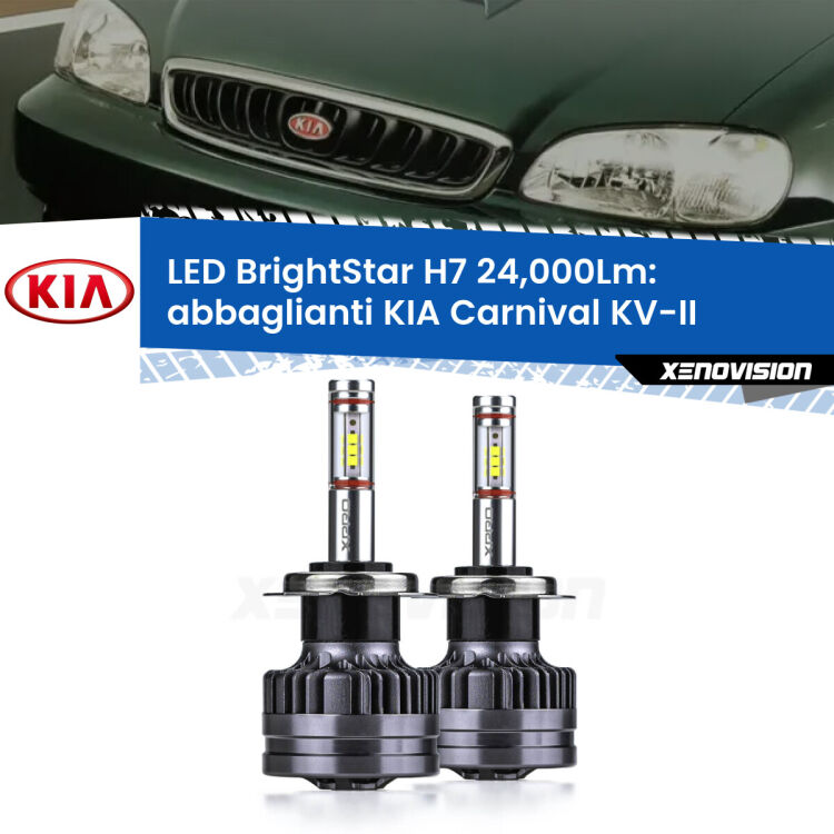 <strong>Kit LED abbaglianti per KIA Carnival</strong> KV-II 1998-2004. </strong>Include due lampade Canbus H7 Brightstar da 24,000 Lumen. Qualità Massima.