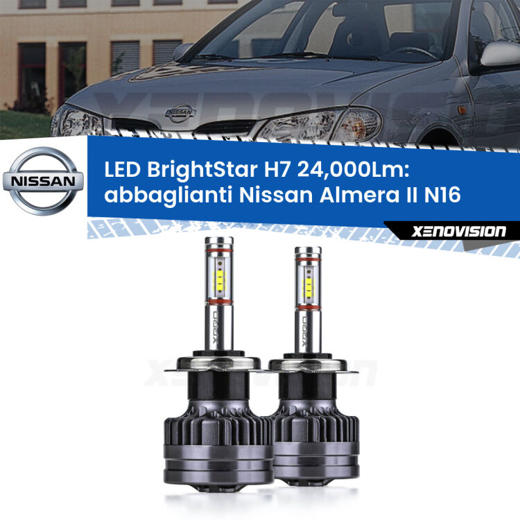 <strong>Kit LED abbaglianti per Nissan Almera II</strong> N16 2002-2006. </strong>Include due lampade Canbus H7 Brightstar da 24,000 Lumen. Qualità Massima.