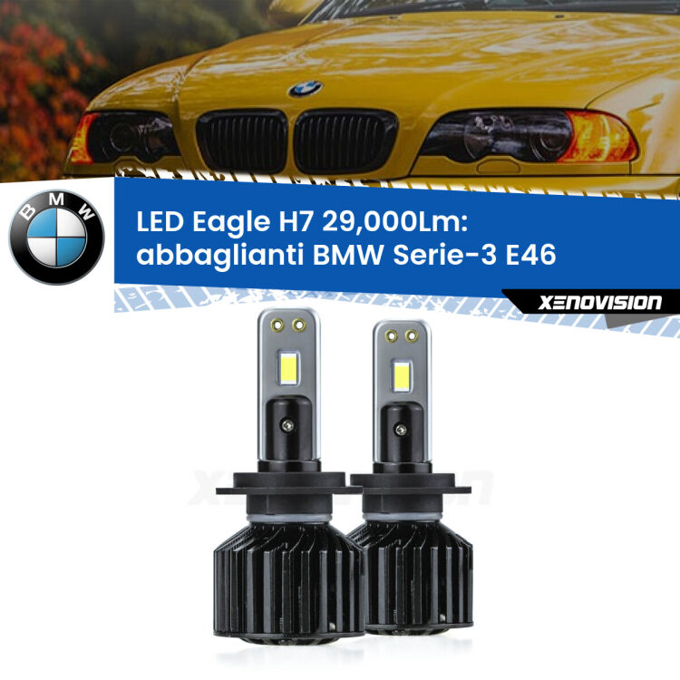 <strong>Kit abbaglianti LED specifico per BMW Serie-3</strong> E46 1998-2005. Lampade <strong>H7</strong> Canbus da 29.000Lumen di luminosità modello Eagle Xenovision.