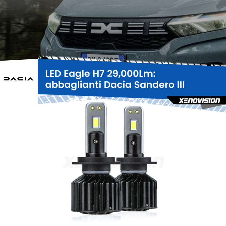 0 Abbaglianti LED H7 29,000Lm per Dacia Sandero III 2020 in poi <strong>Kit abbaglianti LED specifico per Dacia Sandero III</strong> 2020 in poi. Lampade <strong>H7</strong> Canbus da 29.000Lumen di luminosità modello Eagle Xenovision.