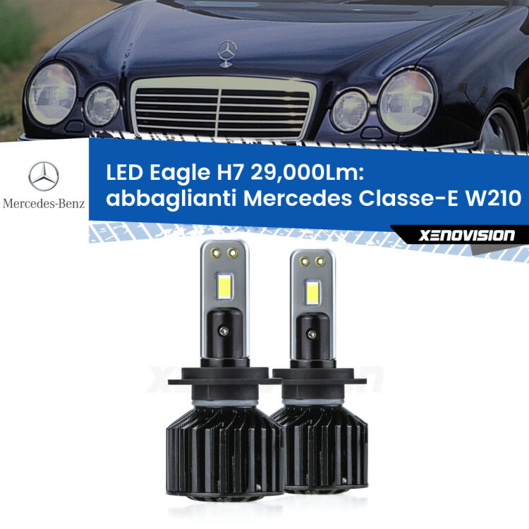 <strong>Kit abbaglianti LED specifico per Mercedes Classe-E</strong> W210 1995-2002. Lampade <strong>H7</strong> Canbus da 29.000Lumen di luminosità modello Eagle Xenovision.