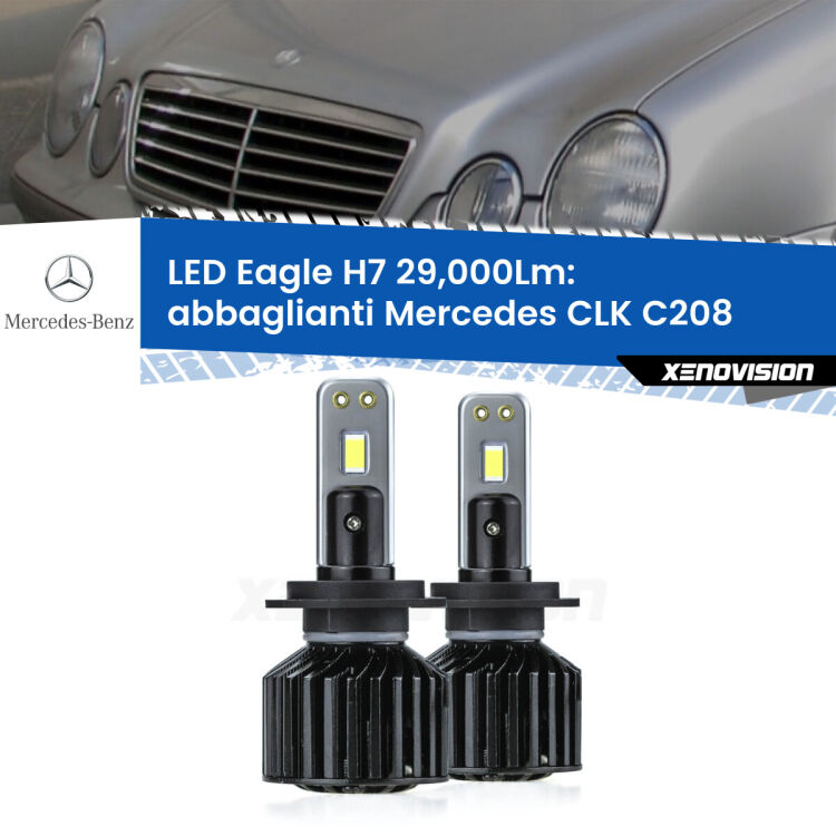 Abbaglianti LED H7 29,000Lm per Mercedes CLK C208 1997 -2002 <strong>Kit abbaglianti LED specifico per Mercedes CLK</strong> C208 1997 -2002. Lampade <strong>H7</strong> Canbus da 29.000Lumen di luminosità modello Eagle Xenovision.