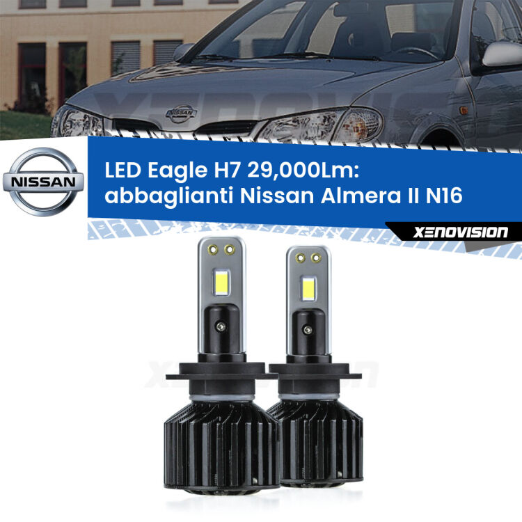 <strong>Kit abbaglianti LED specifico per Nissan Almera II</strong> N16 2002-2006. Lampade <strong>H7</strong> Canbus da 29.000Lumen di luminosità modello Eagle Xenovision.