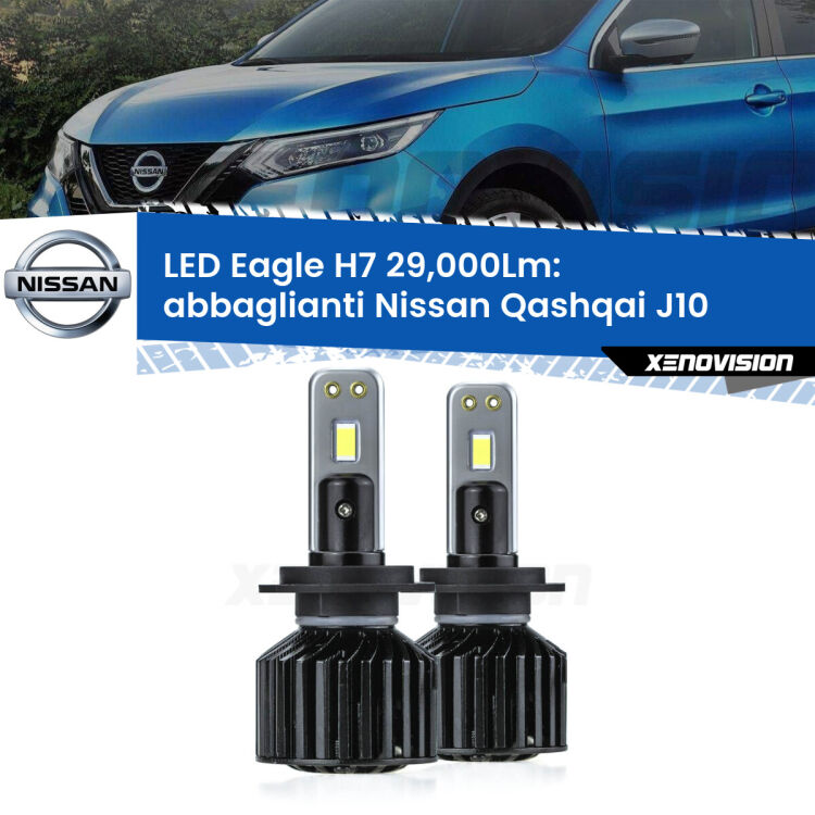<strong>Kit abbaglianti LED specifico per Nissan Qashqai</strong> J10 2007-2013. Lampade <strong>H7</strong> Canbus da 29.000Lumen di luminosità modello Eagle Xenovision.