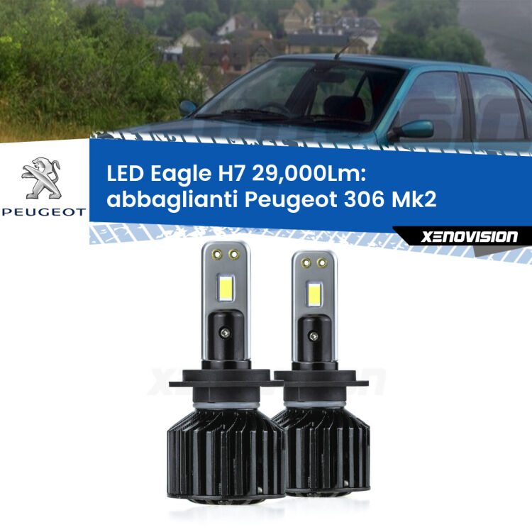 0 Abbaglianti LED H7 29,000Lm per Peugeot 306 Mk2 1997 -1999 <strong>Kit abbaglianti LED specifico per Peugeot 306</strong> Mk2 1997 -1999. Lampade <strong>H7</strong> Canbus da 29.000Lumen di luminosità modello Eagle Xenovision.