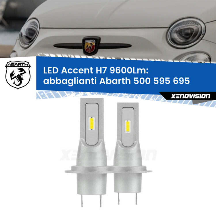 Abbaglianti LED H7 9600Lm per Abarth 500 595 695 2015 -2022 <strong>Kit LED Abbaglianti per Abarth 500 595 695</strong> 2015 -2022.</strong> Coppia lampade <strong>H7</strong> senza ventola e ultracompatte per installazioni in fari senza spazi.