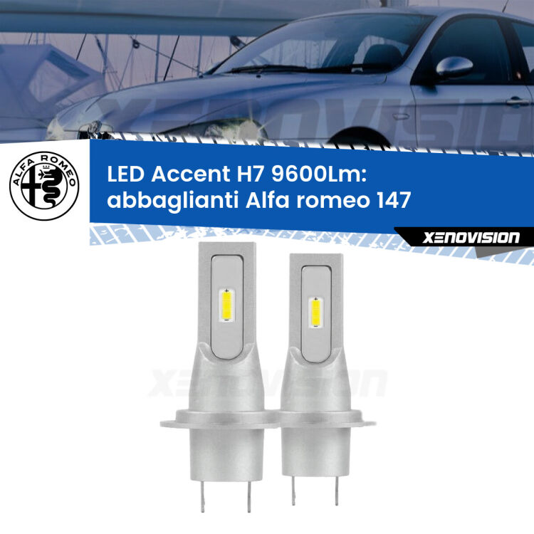 0 Abbaglianti LED H7 9600Lm per Alfa romeo 147 2000 -2004 <strong>Kit LED Abbaglianti per Alfa romeo 147</strong> 2000 -2004.</strong> Coppia lampade <strong>H7</strong> senza ventola e ultracompatte per installazioni in fari senza spazi.