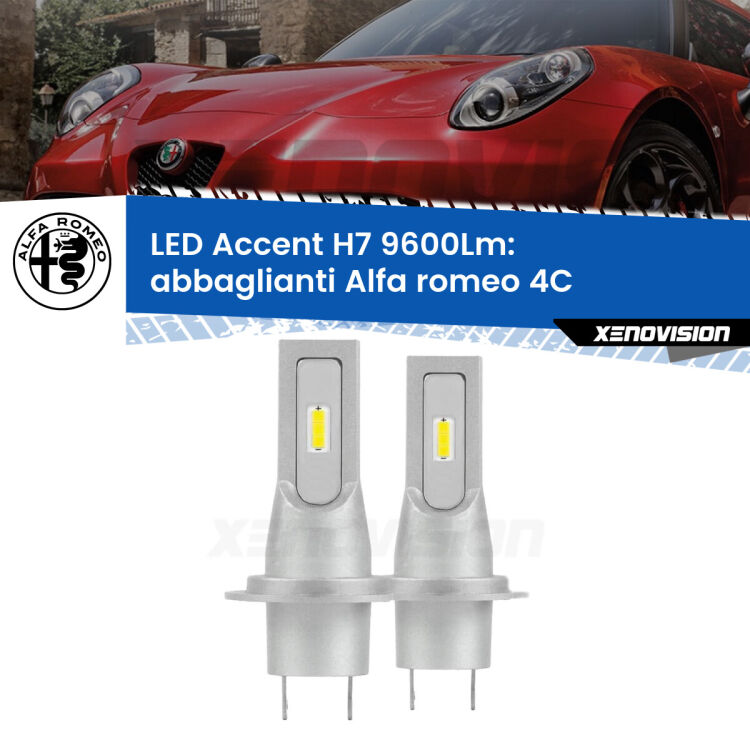 Abbaglianti LED H7 9600Lm per Alfa romeo 4C  2013 in poi <strong>Kit LED Abbaglianti per Alfa romeo 4C</strong>  2013 in poi.</strong> Coppia lampade <strong>H7</strong> senza ventola e ultracompatte per installazioni in fari senza spazi.