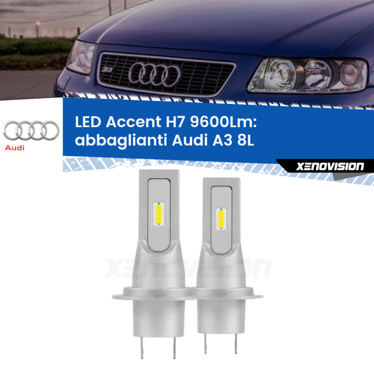 <strong>Kit LED Abbaglianti per Audi A3</strong> 8L 2001-2003.</strong> Coppia lampade <strong>H7</strong> senza ventola e ultracompatte per installazioni in fari senza spazi.